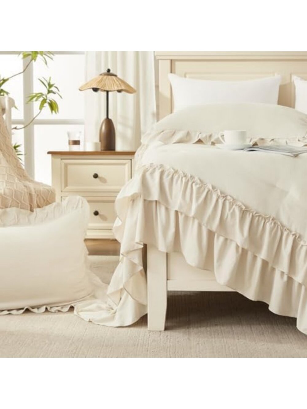 Beige Ruffle Full Size Comforter Set - 3 Piece Cozy Bedding Ensemble - Picture 6 of 6